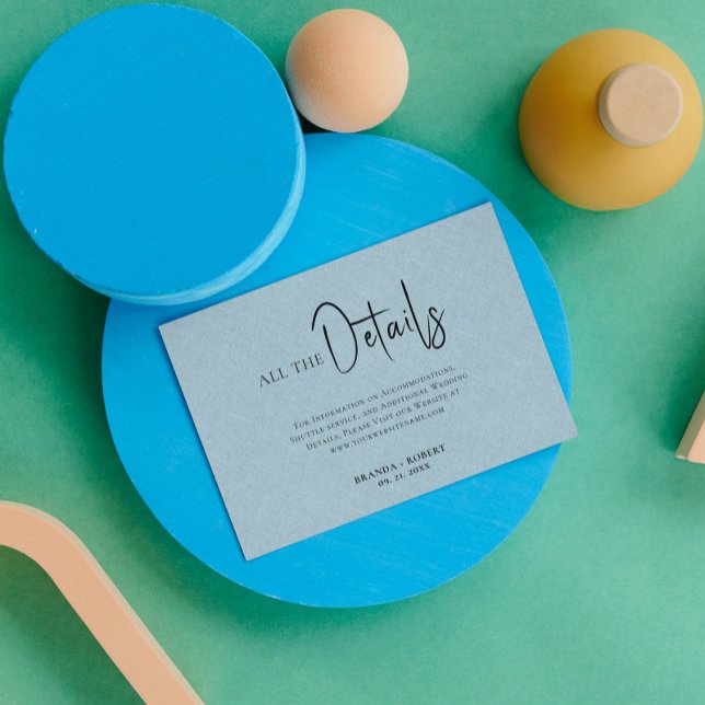 Blue Linen Simple Black Script Wedding Details Einladung (Von Creator hochgeladen)