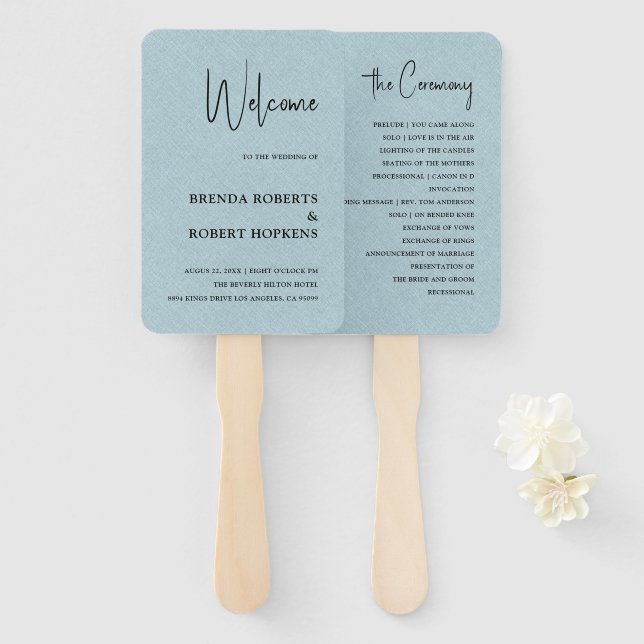 Blue Linen Simple Black Script Wedding Hand Fan Fächer (Vorne und Hinten)