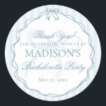 Blue Lingerie Shower Bachelorette Party Favor Runder Aufkleber<br><div class="desc">Oh-la-la! Add a little something blue before ‘I do’ with this dreamy lingerie shower collection. Pastel tones and lacy details create the perfect balance of flirty and fresh for the bride’s big night. ★ Let me help you plan your next party! ★ If you need coordinating décor, please check my...</div>