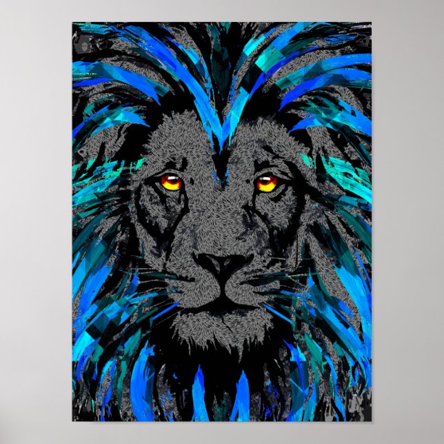 Blue Lion Head - Lion Portrait - Löwenfront Poster (Vorne)