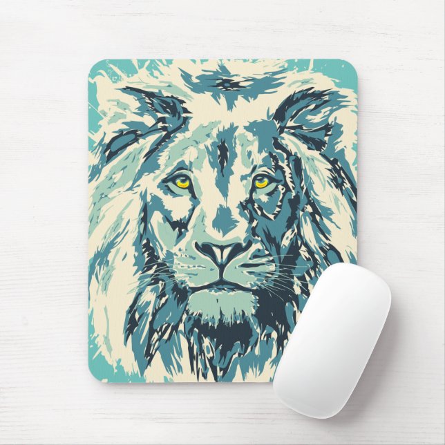 Blue Lion Mouse Pad | Farbiger Retro-Löwenkopf Mousepad (Mit Mouse)