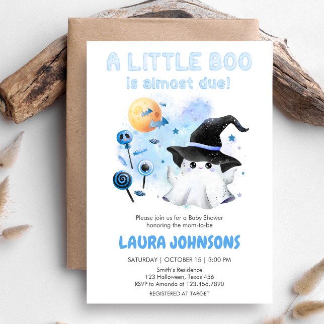 Blue Little Boo Ghost Witch Baby Dusche Einladung (Little Boo Baby Shower Invitation)