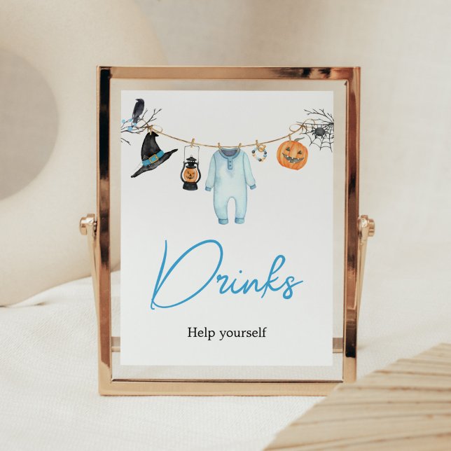 Blue Little Boo Halloween Baby Shower Drinks Poster (Halloween Baby Clothes Baby Shower Drinks Sign)
