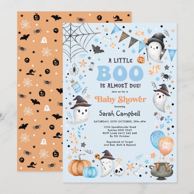 Blue Little Boo Halloween Ghost Boy Baby Dusche Einladung (Vorne/Hinten)
