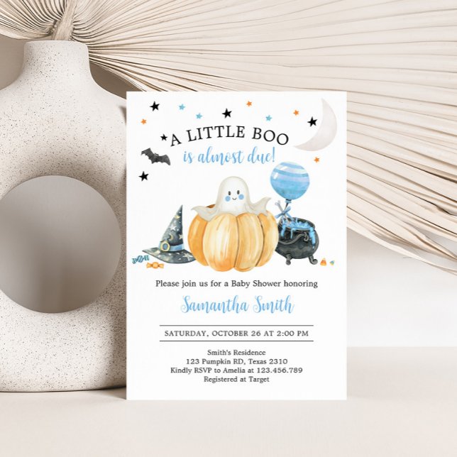 Blue Little Boo Pumpkin Halloween Baby Dusche Einladung (Pumpkin Halloween Baby Shower Invitation)