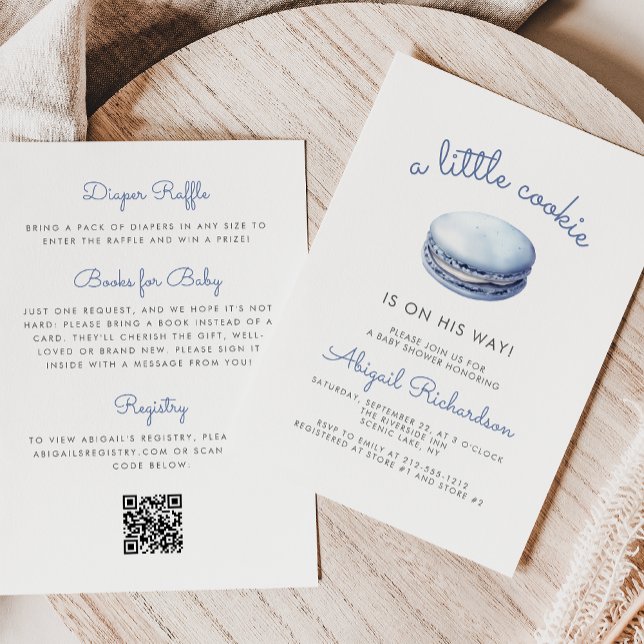Blue Little Cookie Macaron QR Code Boy Baby Shower Einladung (Von Creator hochgeladen)