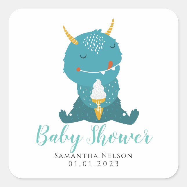 Blue Little Monster Baby Dusche Classic Round Stic Quadratischer Aufkleber (Vorderseite)