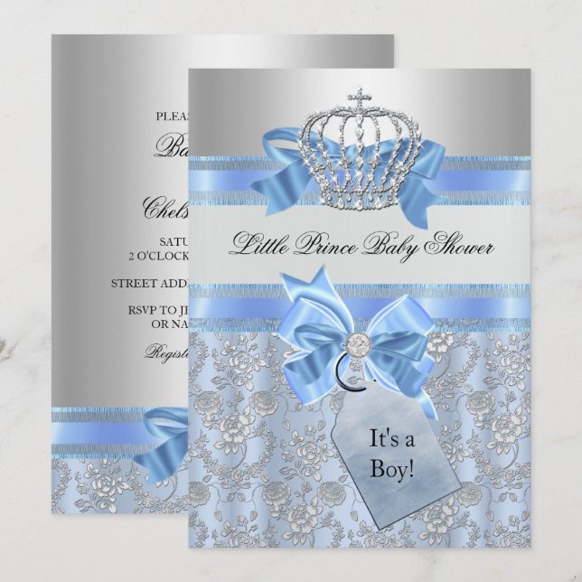 Blue Little Prince Crown Babydusche Einladung (Vorne/Hinten)
