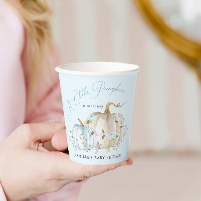 Blue Little Pumpkin Fall Boy Baby Dusche Pappbecher (A little pumpkin boy baby shower paper cups)