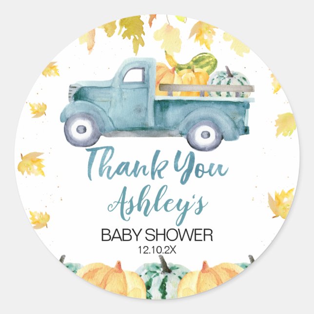 Blue Little Pumpkin Truck Baby Showaufkleber Runder Aufkleber (Vorderseite)