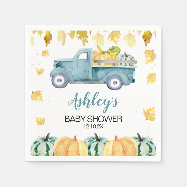 Blue Little Pumpkin Truck Baby Shower Napkin Serviette (Vorderseite)