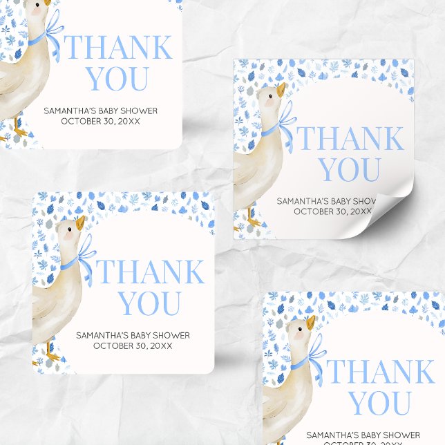 Blue Little Silly Goose Baby Shower Quadratischer Aufkleber (Blue Little Silly Goose Baby Shower Square Sticker)