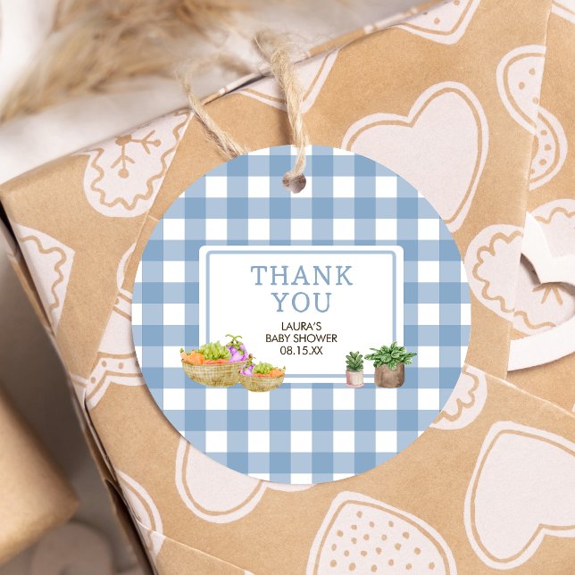 Blue Locwn Grown Bauer Market Baby Shower Round Geschenkanhänger (Blue Farmers Market Locally Grown Baby Shower Round Favor Tags)