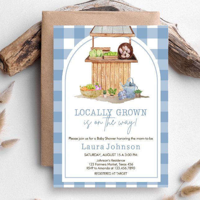 Blue Locwn Grown Bauern Market Baby Shower Einladung (Blue Farmers Market Locally Grown Baby Shower Invitation)