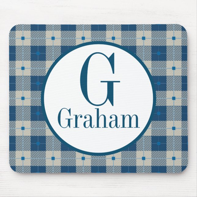 Blue Lodge Kariert Monogramm Personalisiert Mousepad (Vorne)