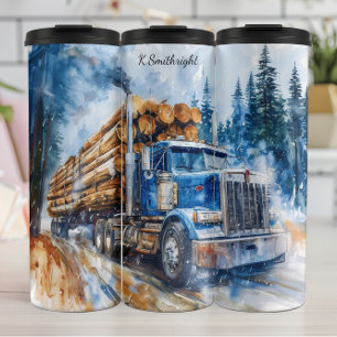 Blue Log Truck Snowy Forest Thermosbecher