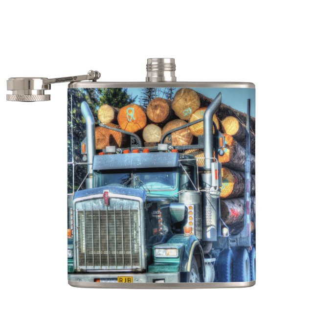 Blue Logging Truck Highway Driving Art Truckers Flachmann (Geöffnet)
