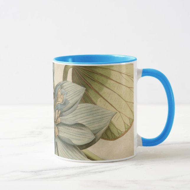 Blue Lotus Blume auf Tan Hintergrund mit Schreiben Tasse (Rechts)