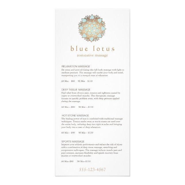 Blue Lotus Massage Therapist Price List Menu (Devant)
