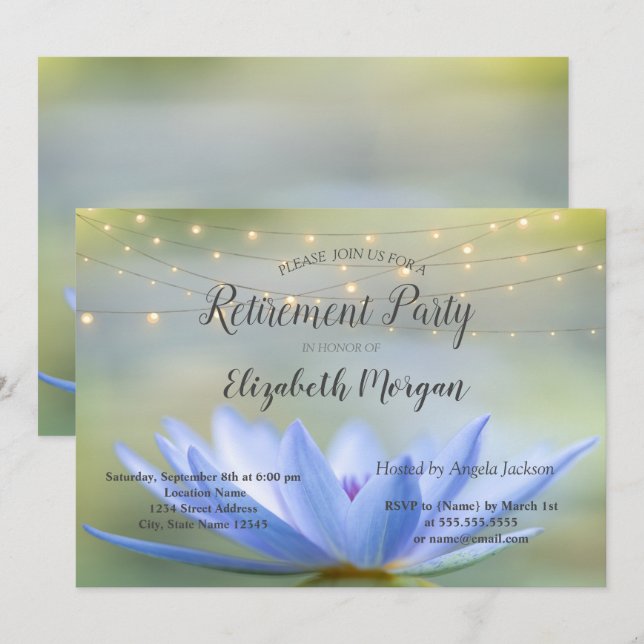 Blue Lotus String Lights Retirement Party Einladung (Vorne/Hinten)