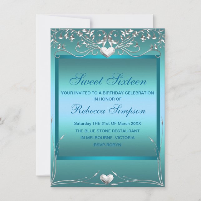 Blue Love Heart Sweet 16 Anniversaire Invitation (Devant)