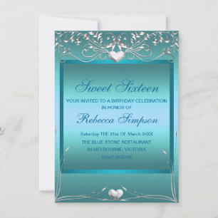 Blue Love Heart Sweet 16 Anniversaire Invitation