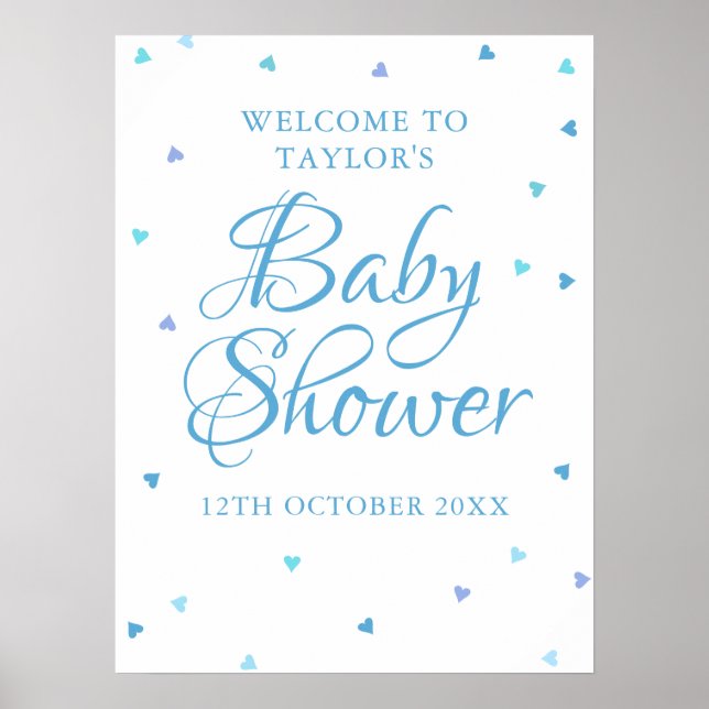 Blue Love Hearts Baby shower Affiche de bienvenue (Devant)