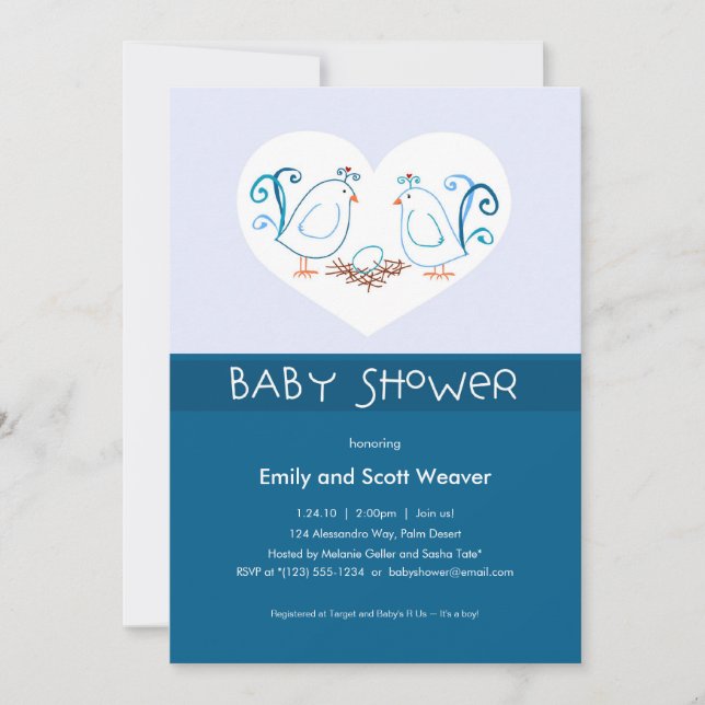 Blue Lovebirds und Nest Baby Shower Einladungen (Vorderseite)