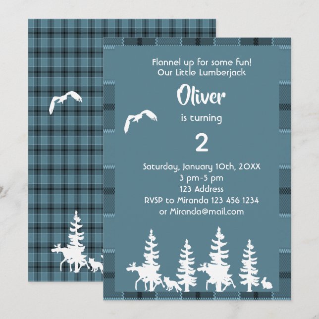 Blue lumberjack 2e anniversaire invitation garçon (Devant / Derrière)