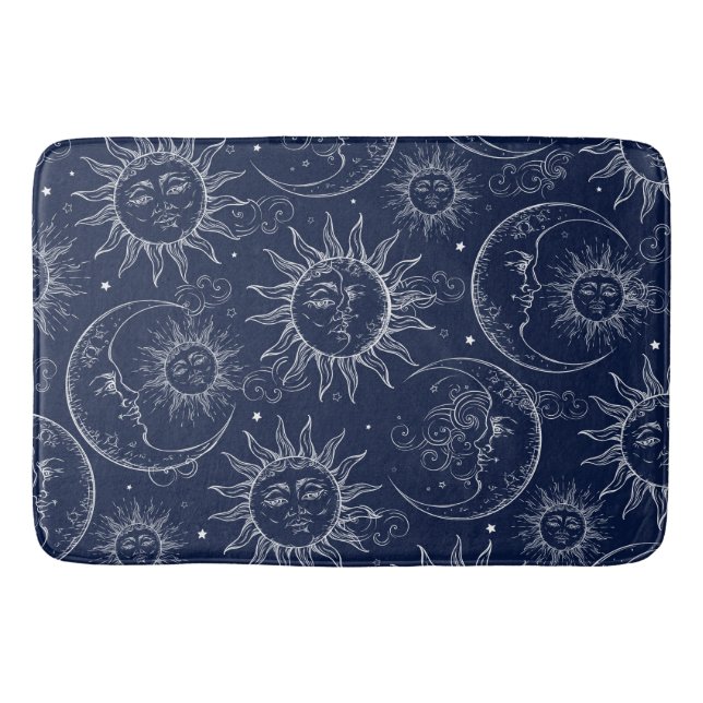 Blue Magic Vintag Celestial Sun Moon Stars Badematte (Vorderseite)