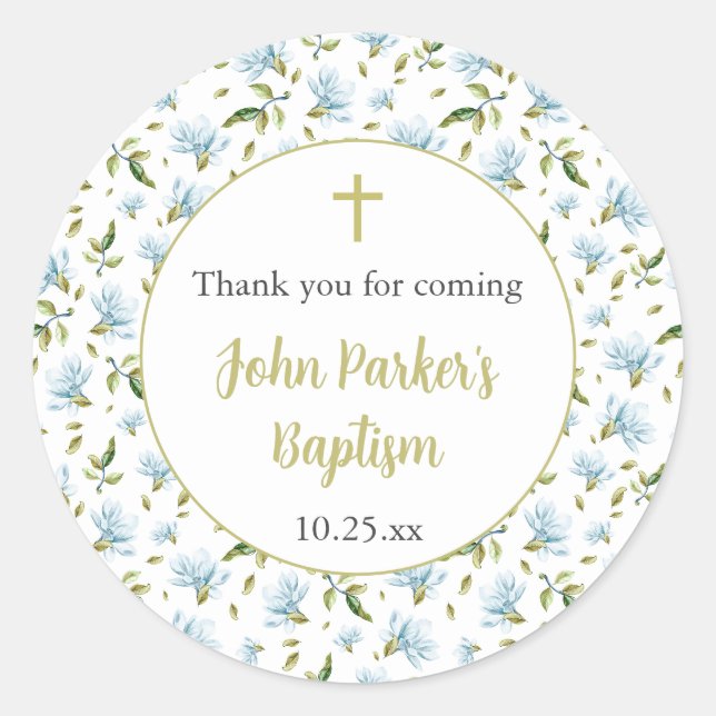 Blue Magnolias baptism thank you sticker (Vorderseite)