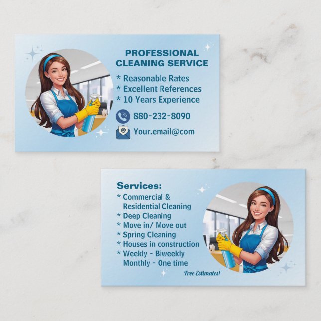 Blue Maid House Reinigungsdienste Janitorial Clean Visitenkarte (Vorne/Hinten)