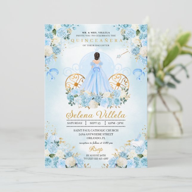 Blue Mairytale Ainderella Carriage Quinceañera Einladung (Stehend Vorderseite)