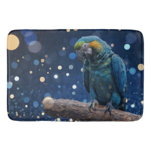 Blue Majestät: The Blue Macaw on Dreamy Blue Bokeh Badematte