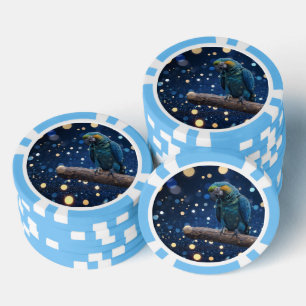 Blue Majestät: The Blue Macaw on Dreamy Blue Bokeh Pokerchips