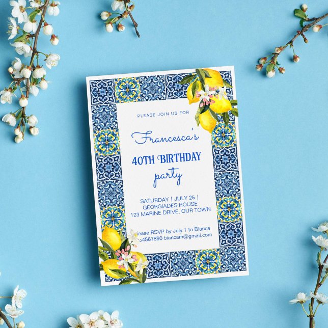 Blue Majolica Tiles lemons Mediterrane Geburtstag Einladung (Blue Majolica Tiles lemons Mediterranean themed birthday Invitation template instant download)