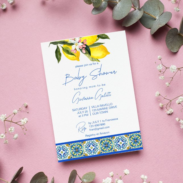 Blue Majolica Tiles Lemons Mediterranean Baby Show Einladung (Blue tiles and lemons Baby Shower Invitation Front)