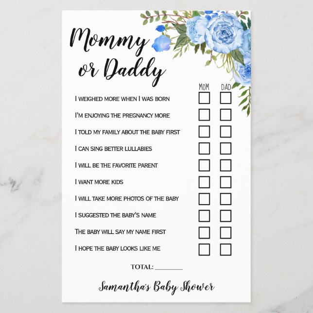 Blue Mama oder Vater sagte sie Baby Showgame Card Flyer (Vorne)