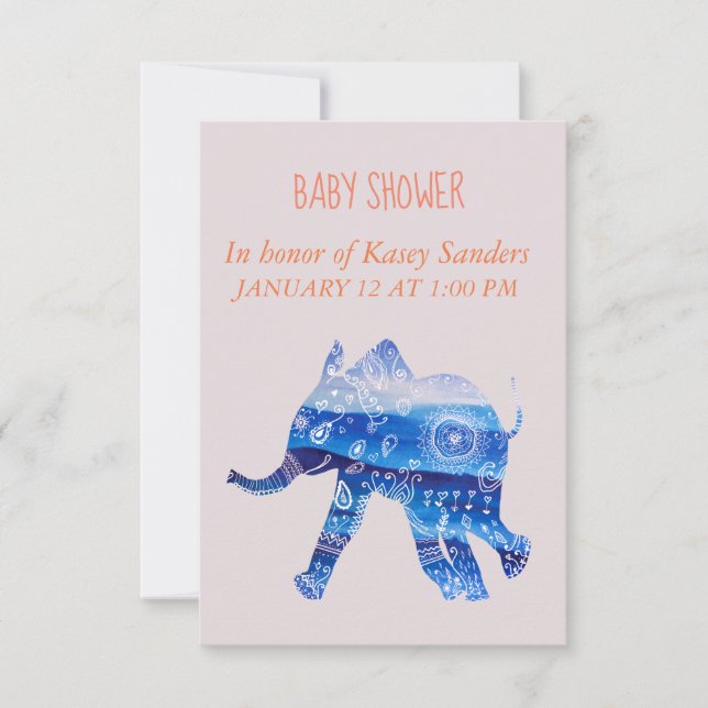 Blue Mandala bébé Elephant Baby shower Invitations (Devant)
