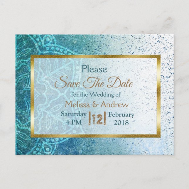Blue Mandala et Gold Enregistrer la date Cartes po (Devant)