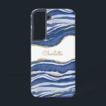 Blue Marble Agate Gold Glitzer Personalisiert Samsung Galaxy Hülle<br><div class="desc">Die blaue Aquarellfarbe verleiht Marmor-Design mit den Imitaten goldenen Glitzer. Ändern Sie den Namen zum Anpassen.</div>