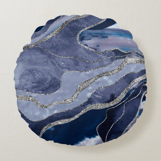 Blue Marble Agate Silver Glitzer Glam #1  Rundes Kissen (Vorderseite)