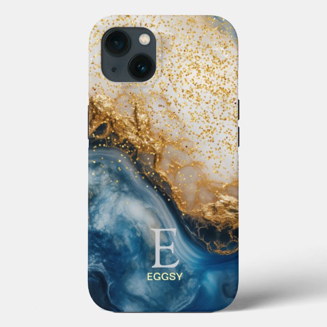 Blue marble chic gold glitter monogram Case-Mate iPhone hülle (Rückseite)