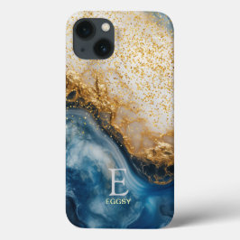Blue marble chic gold glitter monogram Case-Mate iPhone hülle