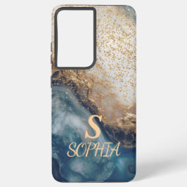 blue marble chic gold glitter monogram samsung galaxy hülle