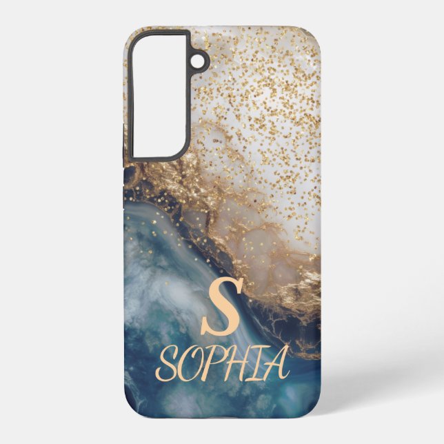blue marble chic gold glitter monogram samsung galaxy hülle (Rückseite)