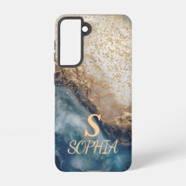 blue marble chic gold glitter monogram samsung galaxy hülle