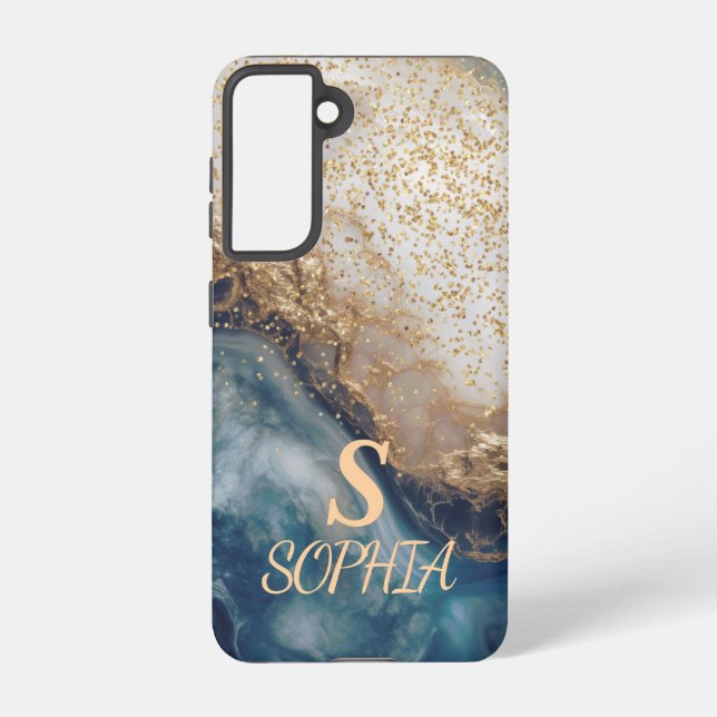 blue marble chic gold glitter monogram samsung galaxy hülle (Rückseite)