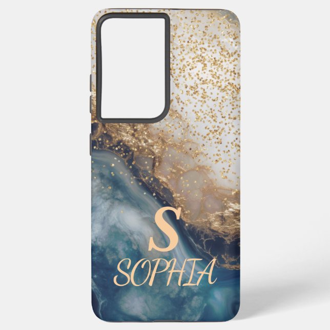 blue marble chic gold glitter monogram samsung galaxy hülle (Rückseite)