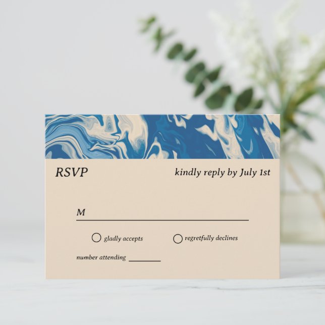 Blue Marble Modern Coastal Wedding RSVP Card Karte (Stehend Vorderseite)